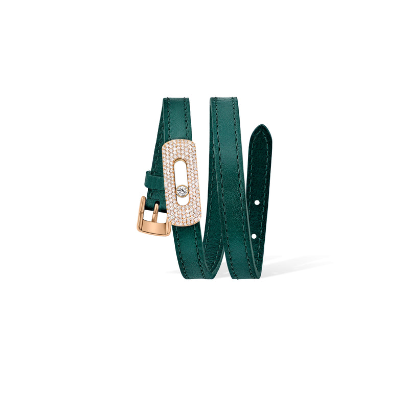 MESSIKA, MY MOVE LEATHER BRACELET, ENGLISH GREEN, PINK GOLD PAVÉ
